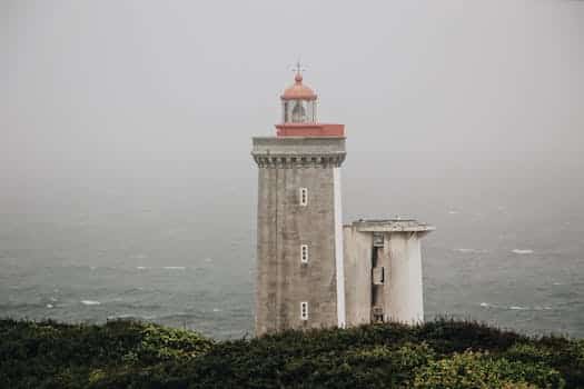 Lighthouse on hill against gray sea