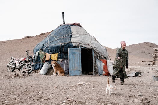Senior Mongolian woman pointing at cat walking near home ger